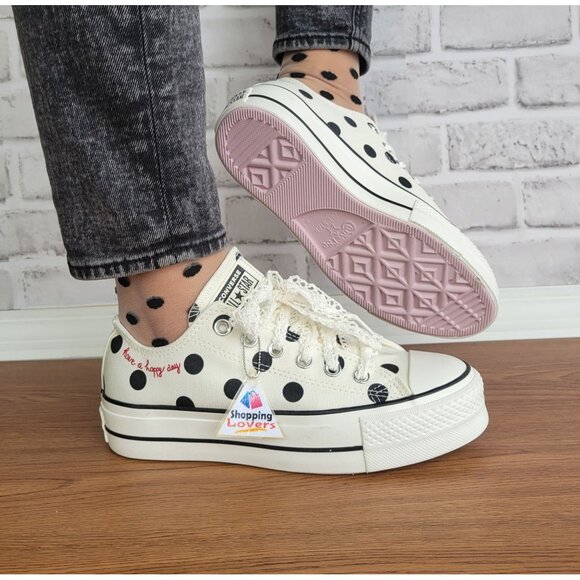 ❤️Chuck Taylor All Star Lift Platform Polka Dots 8.5 Women Shoes White A10689C❤️ - Picture 1 of 16